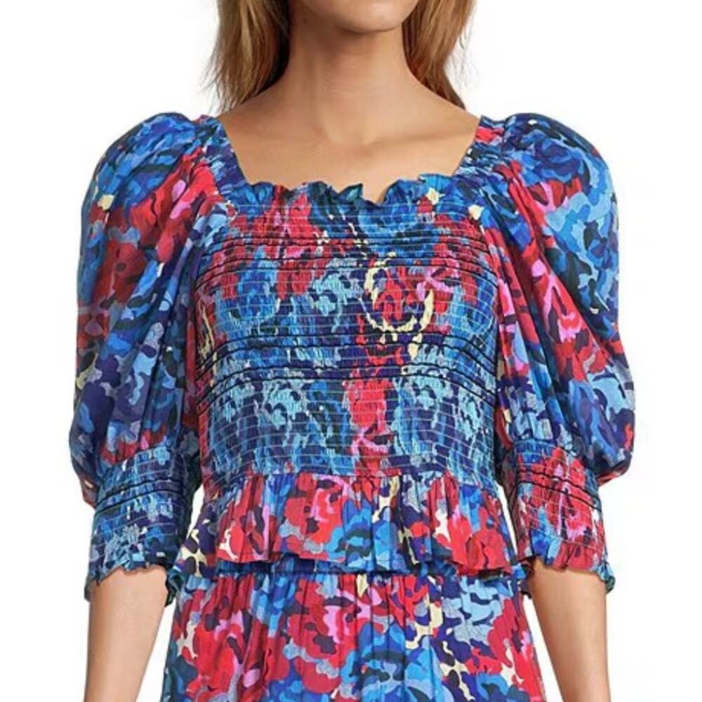 Ro's Garden Trinity Smocked Floral Top Blouse XS Blue | NEW $165